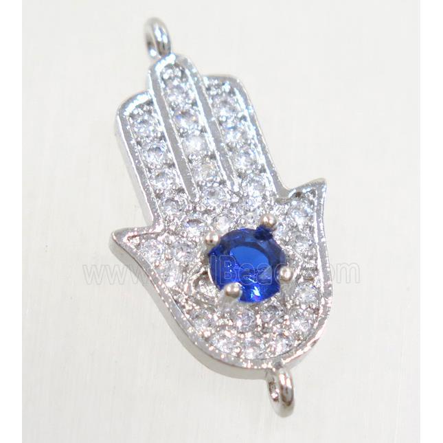 copper hamsahand connector paved zircon, platinum plated