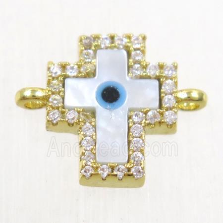 copper cross connector paved zircon with shell evil eye, gold plated