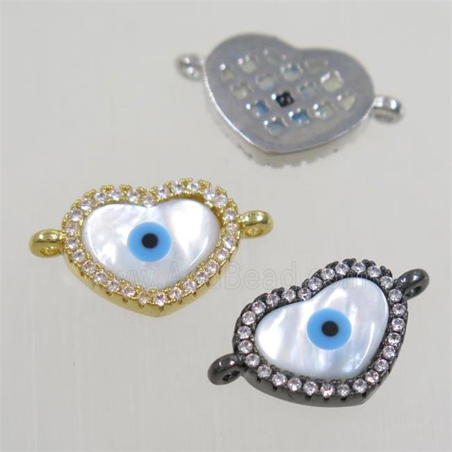 copper heart connector paved zircon with shell evil eye, mix color