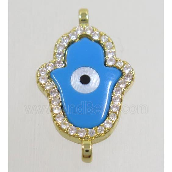 copper hamsahand connector paved zircon with shell evil eye, gold plated