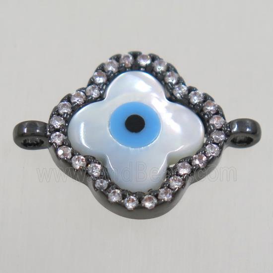 copper four-leaf Clover connector paved zircon with evil eye, black plated