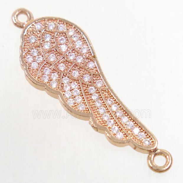 copper connector paved zircon, angel wing, rose gold