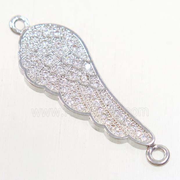 copper connector paved zircon, angel wing, platinum plated