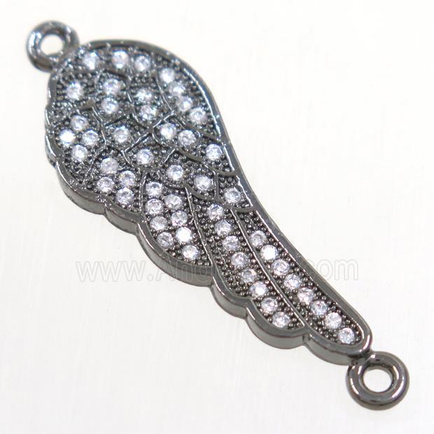 copper connector paved zircon, angel wing, black plated