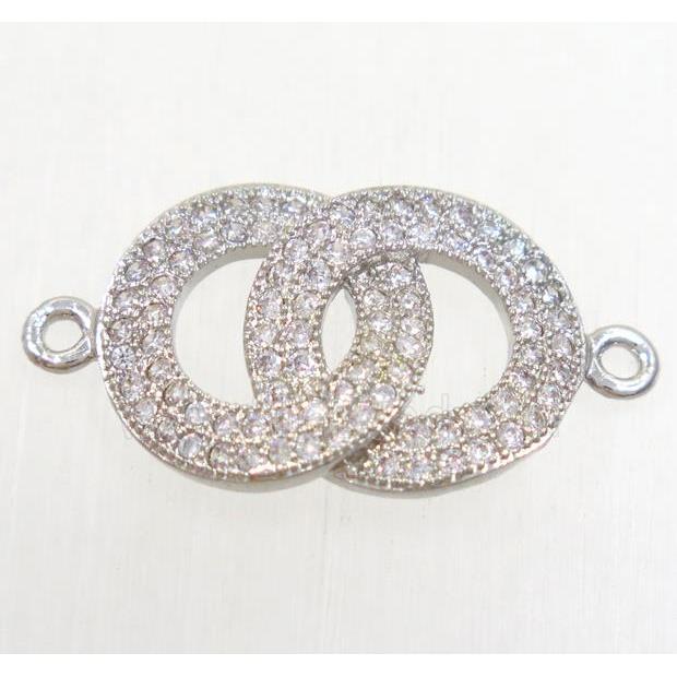 copper doubleRing connector paved zircon, platinum plated