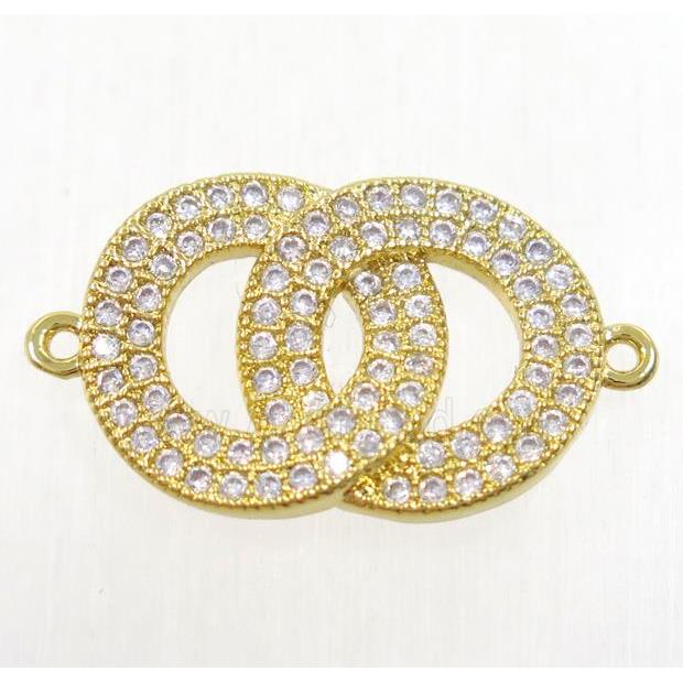 copper doubleRing connector paved zircon, gold plated