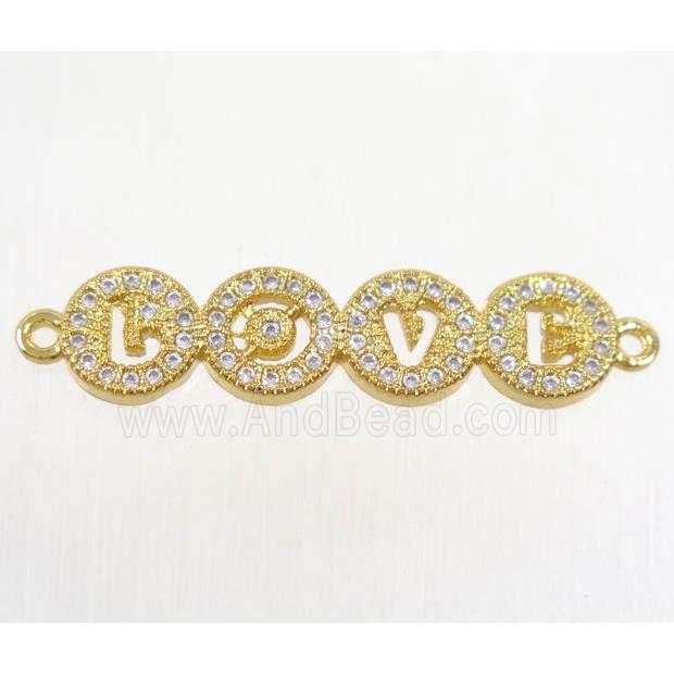 copper LOVE connector paved zircon, gold plated