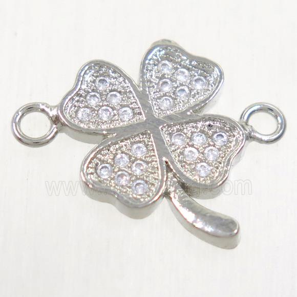 copper four-leaf clover connector paved zircon, platinum plated