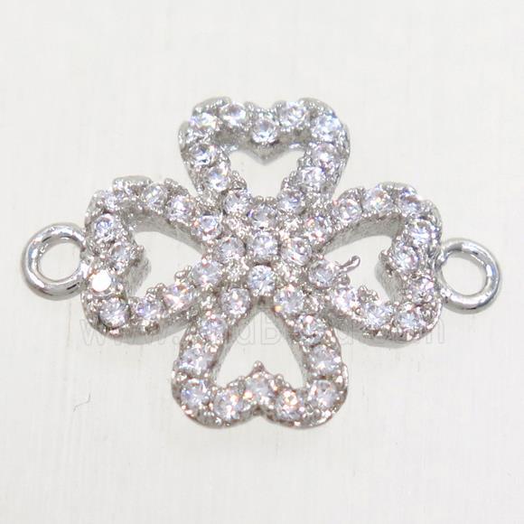 copper four-leaf clover connector paved zircon, platinum plated