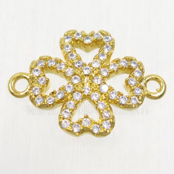 copper four-leaf clover connector paved zircon, gold plated