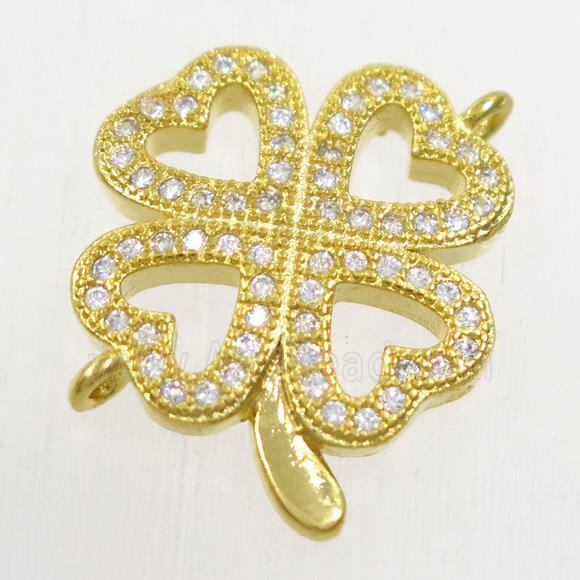 copper four-leaf clover connector paved zircon, gold plated