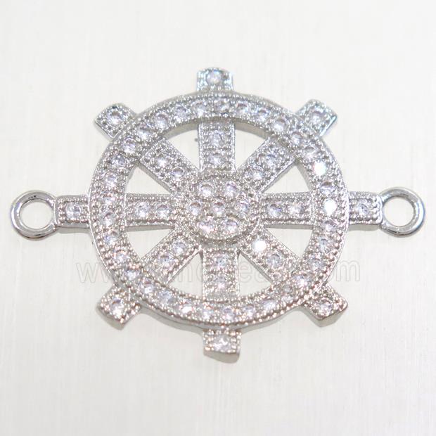 copper ship helm connector paved zircon, platinum plated