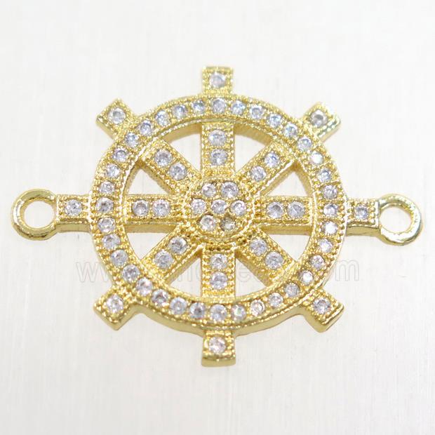 copper ship helm connector paved zircon, gold plated