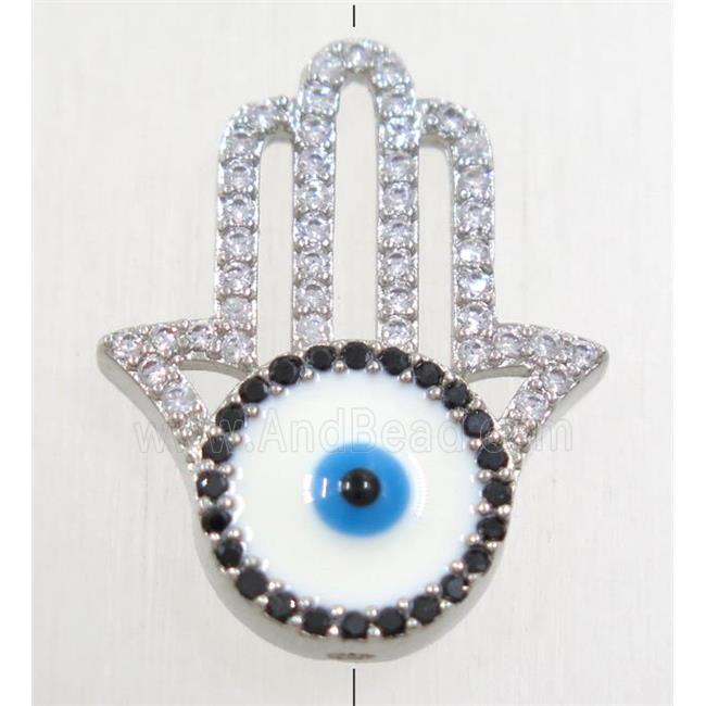 copper hamsahand beads paved zircon with evil eye, platinum plated