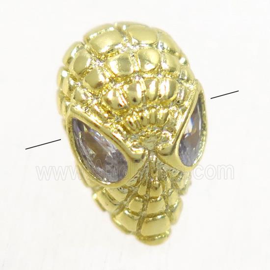copper skull beads paved zircon, gold plated