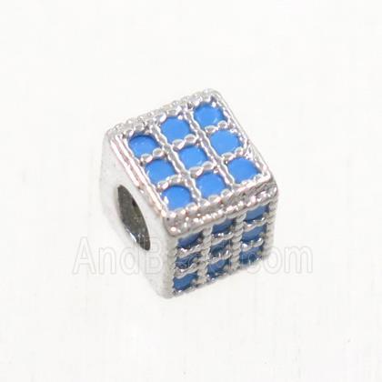 copper cube beads paved zircon, platinum plated, turq
