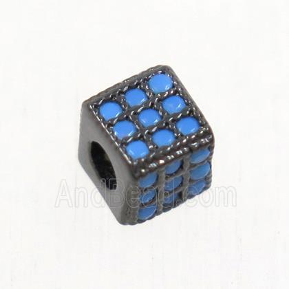 copper cube beads paved zircon, black plated, turq