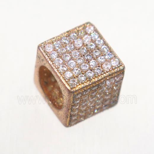 European style copper cube beads paved zircon, rose gold