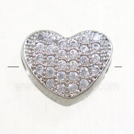 copper heart beads paved zircon, platinum plated