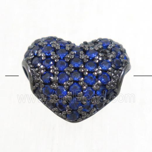 European style copper heart beads paved blue zircon, black plated