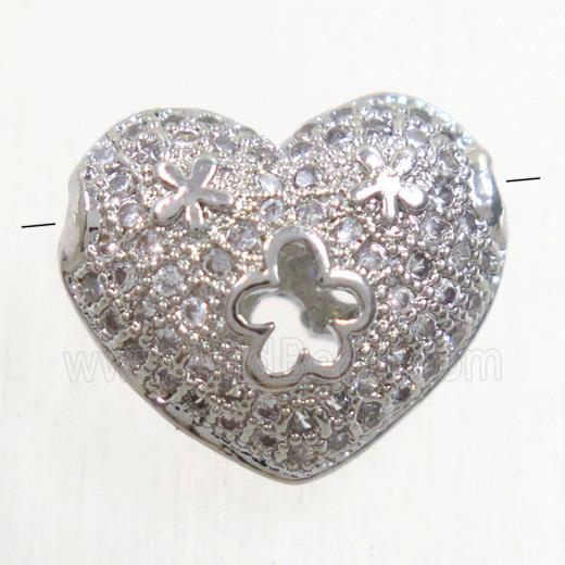 copper heart beads paved zircon, platinum plated