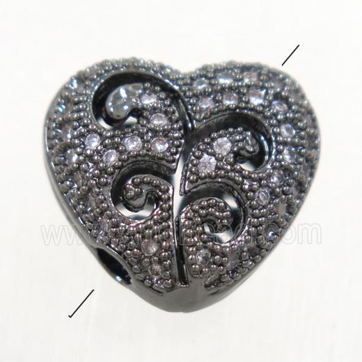 copper heart beads paved zircon, black plated