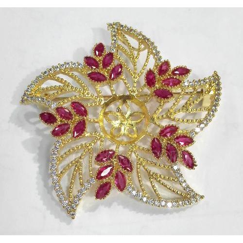 copper flower brooch paved zircon, gold plated