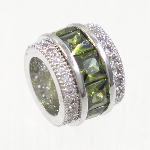 European style copper beads paved zircon, tube, platinum plated