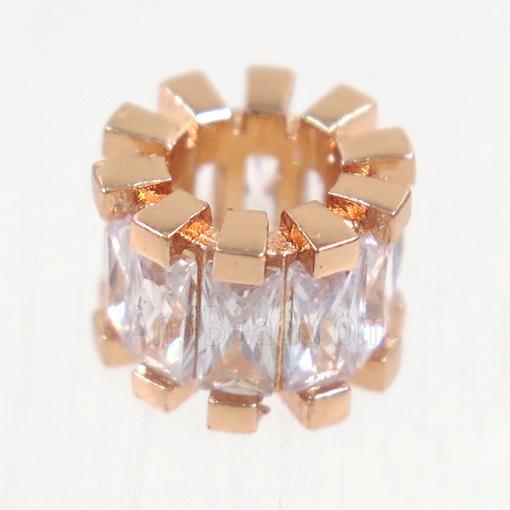 European style copper beads paved zircon, tube, rose gold