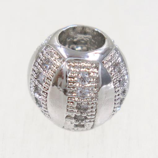 European style copper barrel beads paved zircon, platinum plated