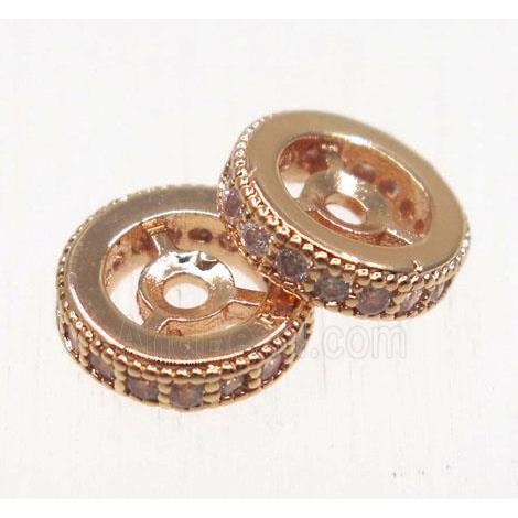 copper spacer beads paved zircon, heishi, rose gold