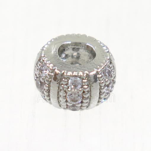 European style copper beads paved zircon, rondelle, platinum plated