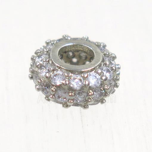 European style copper beads paved zircon, rondelle, platinum plated