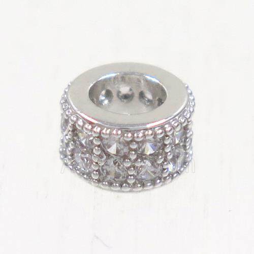 European style copper bead paved zircon, rondelle, platinum plated