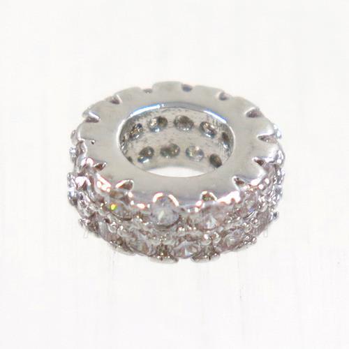 European style copper bead paved zircon, rondelle, platinum plated