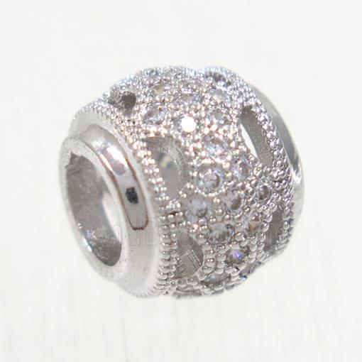 European style copper rondelle beads paved zircon, platinum plated