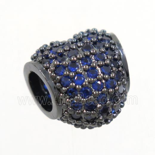 European style heart beads paved blue zircon, copper, black plated