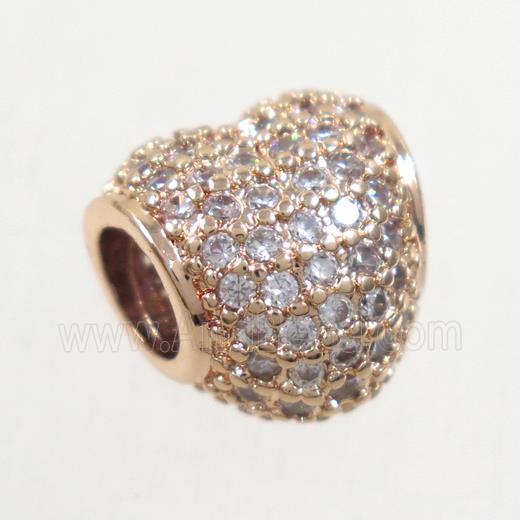 European style copper heart beads paved zircon, gold plated