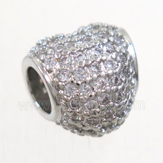 European style copper heart beads paved zircon, platinum plated
