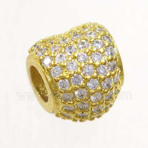European style copper heart beads paved zircon, gold plated