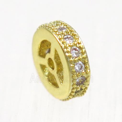 copper beads paved zircon, rondelle, gold plated