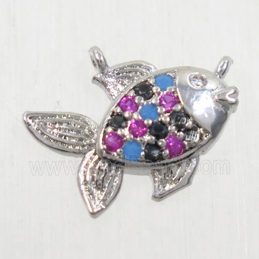 copper fish pendant paved zircon, 2loops, platinum plated
