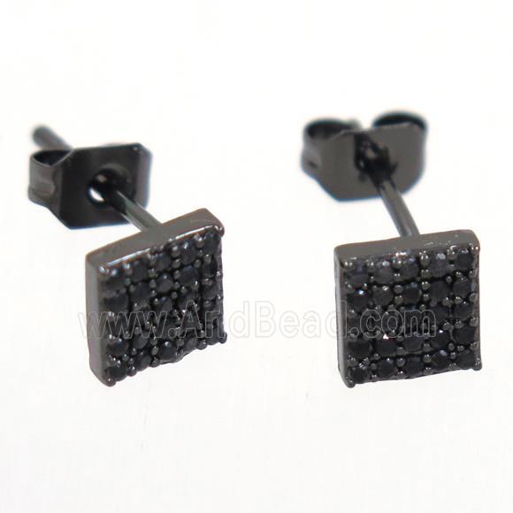 copper earring studs paved zircon, square, black plated