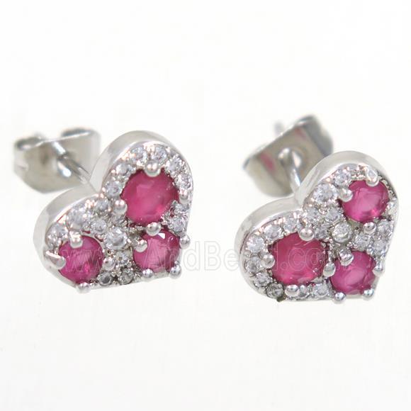 copper heart earring studs paved zircon, platinum plated