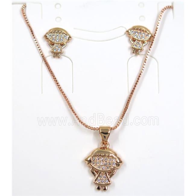 Jelwelry set, copper necklace earring pave zircon, kids, rose gold