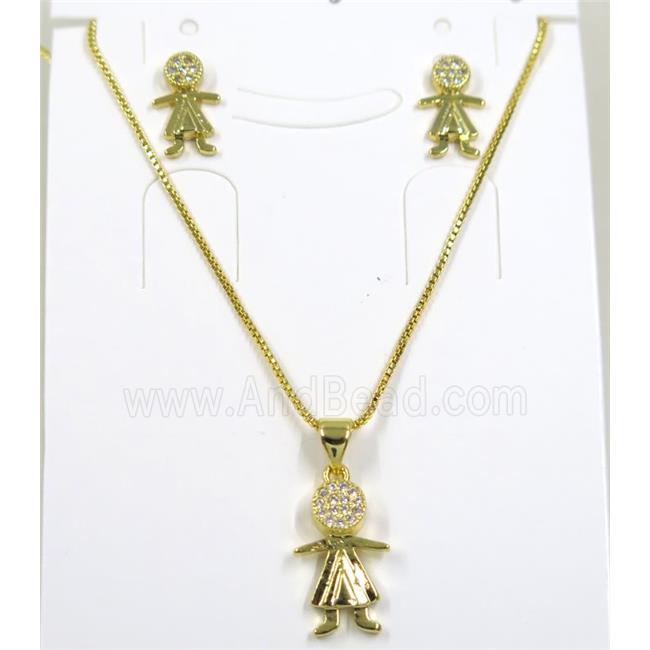 Jelwelry set, copper necklace earring pave zircon, kid, gold plated