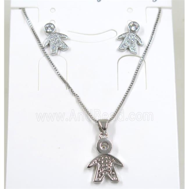 Jelwelry set, copper necklace earring pave zircon, kid, platinum plated