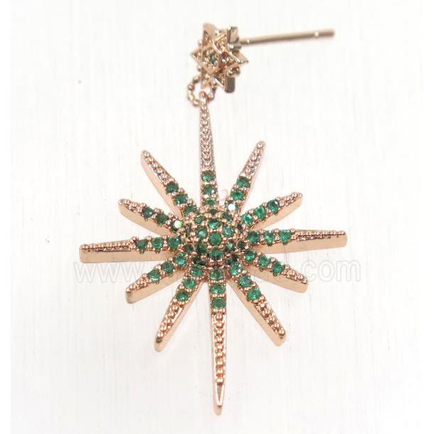 copper northstar earring studs paved green zircon, rose gold