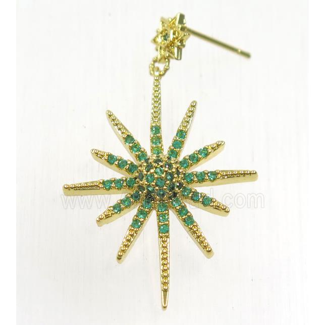 copper northstar earring studs paved green zircon, gold plated