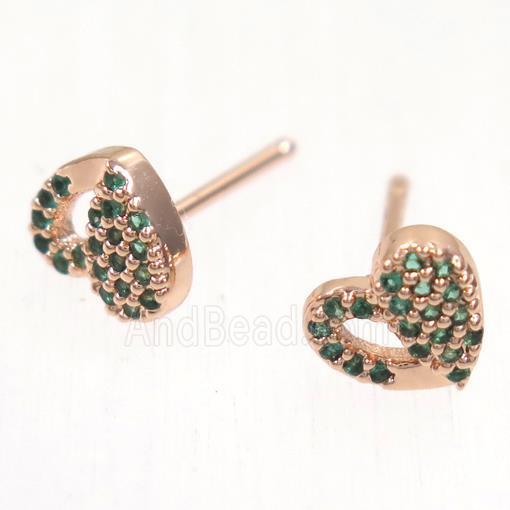 copper Heart earring studs paved zircon, rose gold